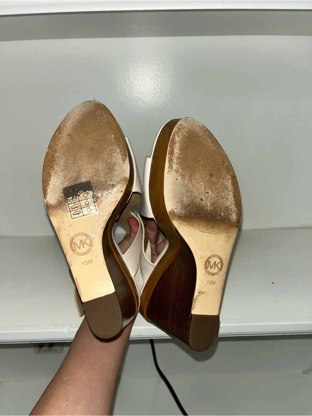 Michael Kors Cream Leather Wedge Sandals with Wood Platform